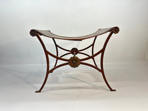 19th Century Antique Italian Leather and Wrought Iron Curule Stool
