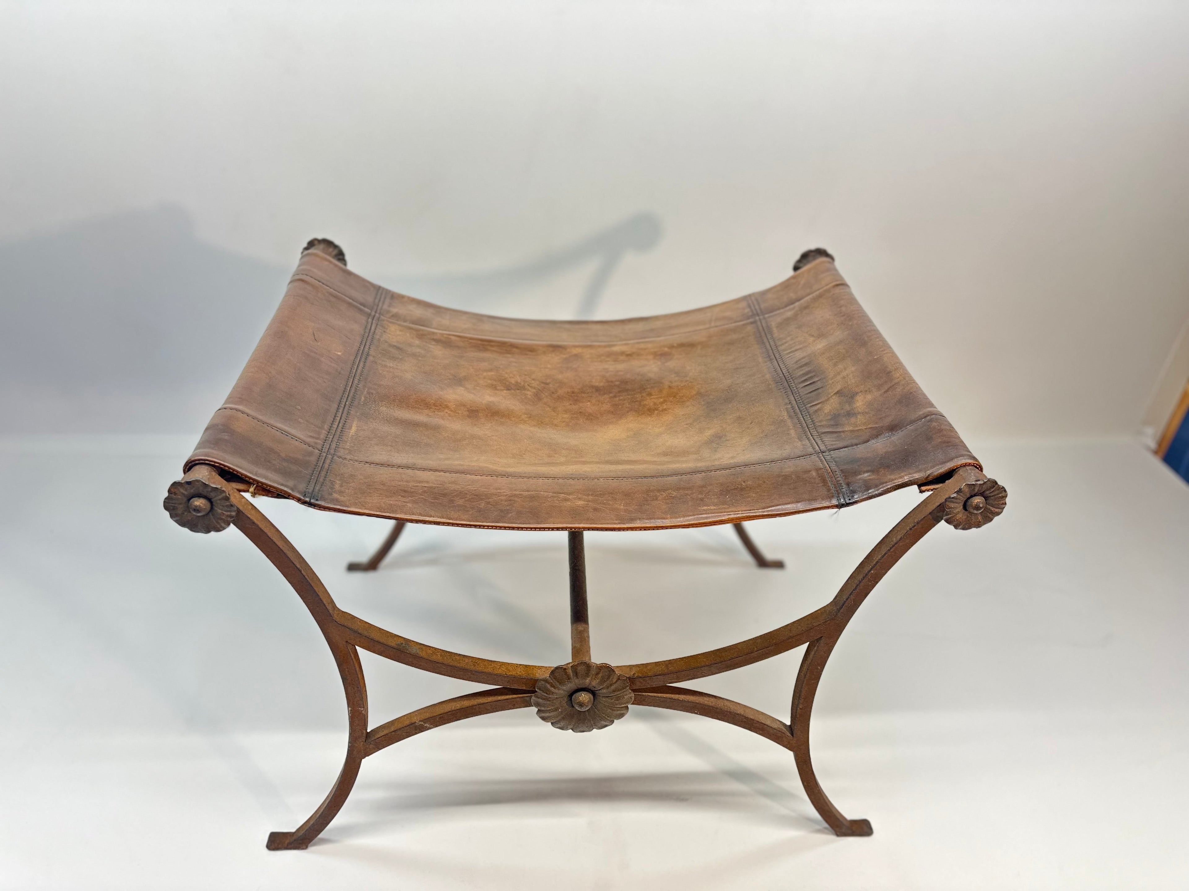 19th Century Antique Italian Leather and Wrought Iron Curule Stool