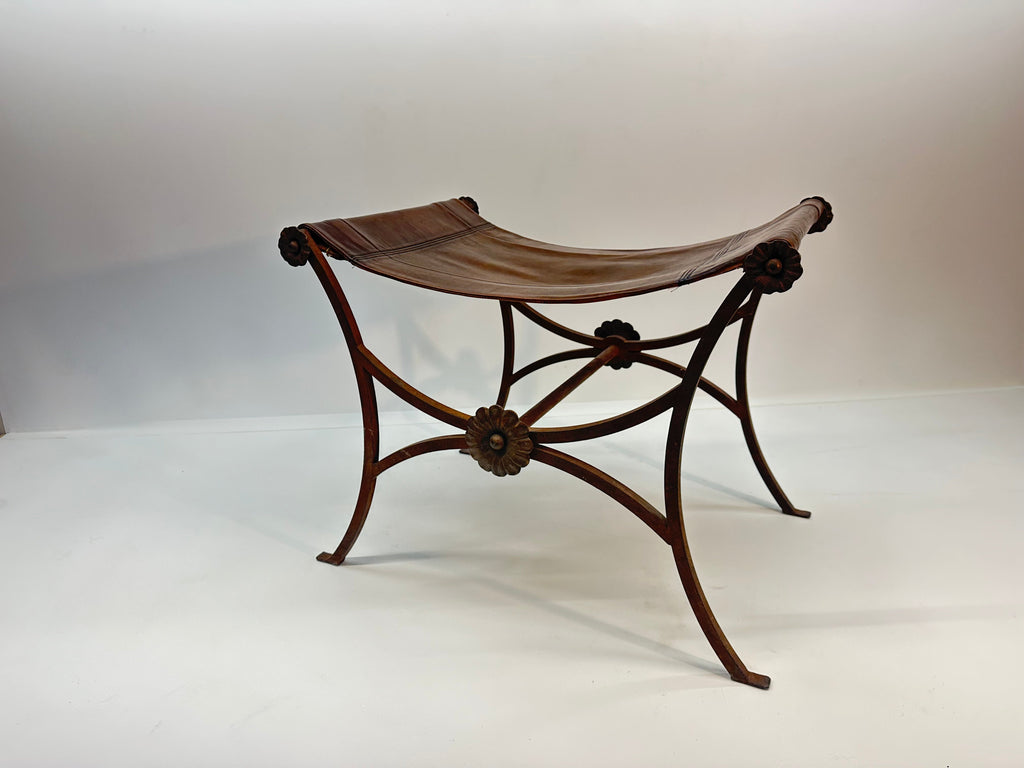 19th Century Antique Italian Leather and Wrought Iron Curule Stool