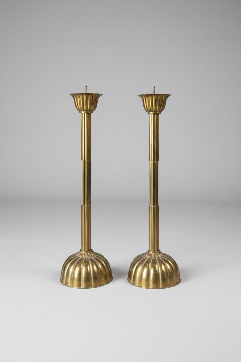 Antique Japanese Meiji Tall Bronze Shokudai Floor Candle Holders - Set of 2