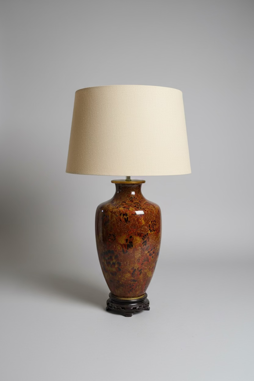 Enameled Cloisonné Lamp with Floral Motif on Brass 28"H
