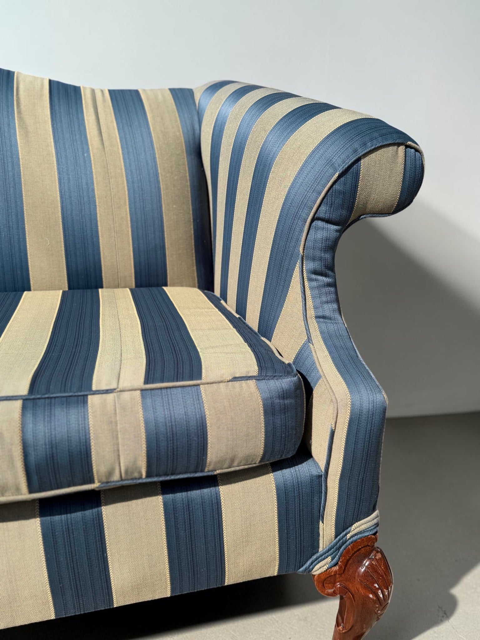 Antique 79" Striped Camelback Sofa with Cabriole Legs