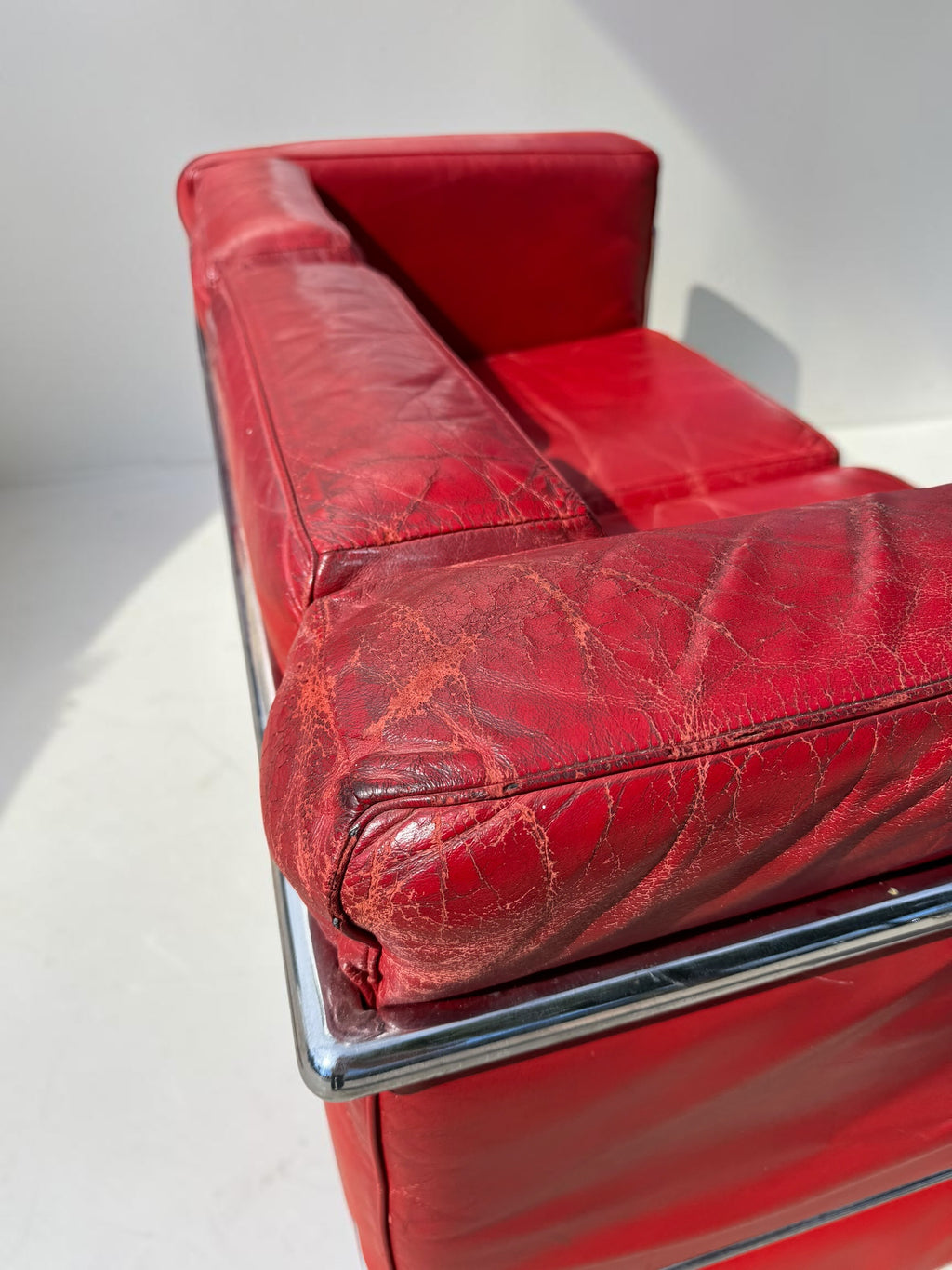 Red Leather LC2 Loveseat Le Corbusier for Alivar