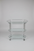 Two Tiered Glass Oval Cart on Wheels. Made in Italy.