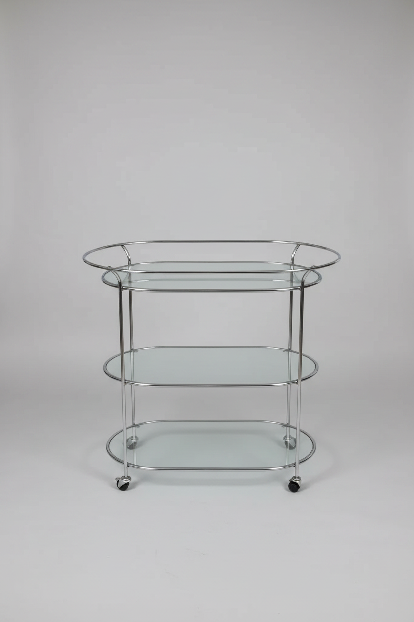 Two Tiered Glass Oval Cart on Wheels. Made in Italy.