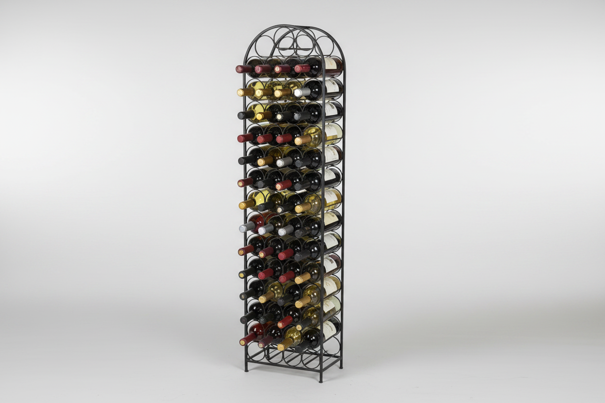 Vintage Arthur Umanoff Tall Black Wrought Iron 67-Bottle Wine Rack 1950s