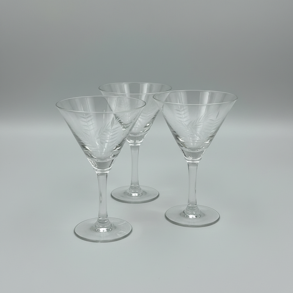 Set of 6 Vintage Etched Martini Glasses with Wheat Pattern