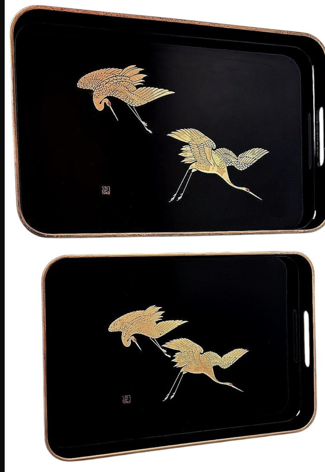 Black Lacquer Japanese Crane Trays