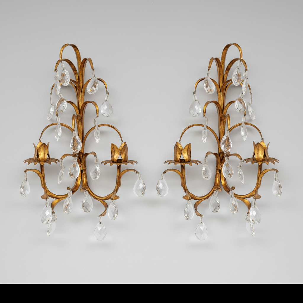 PAIR OF GILT METAL AND FACETED PRISM TWIN LIGHT CANDLE SCONCES
