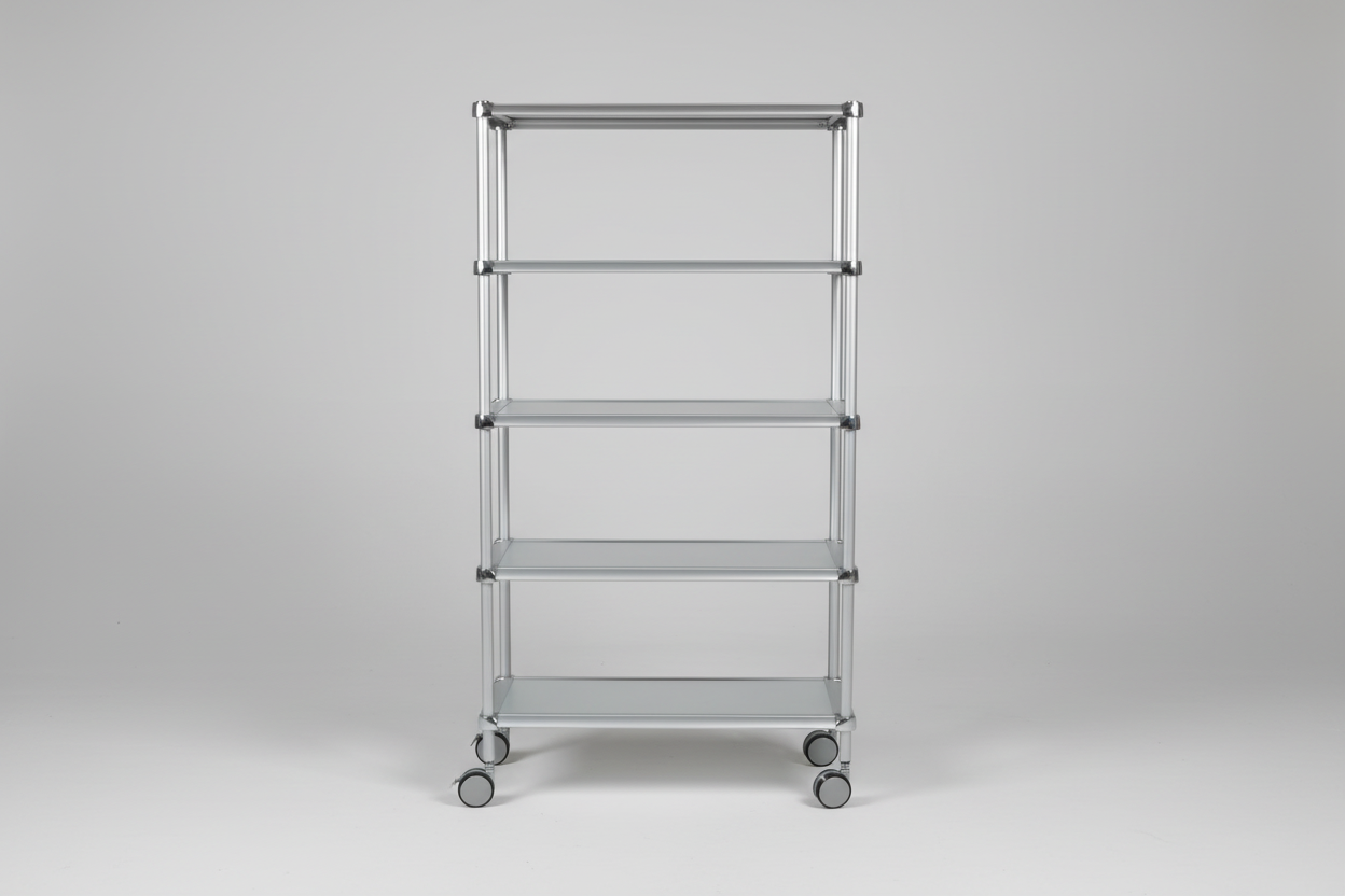 DWR Industrial Frosted Glass and Aluminum Book Shelf on Casters