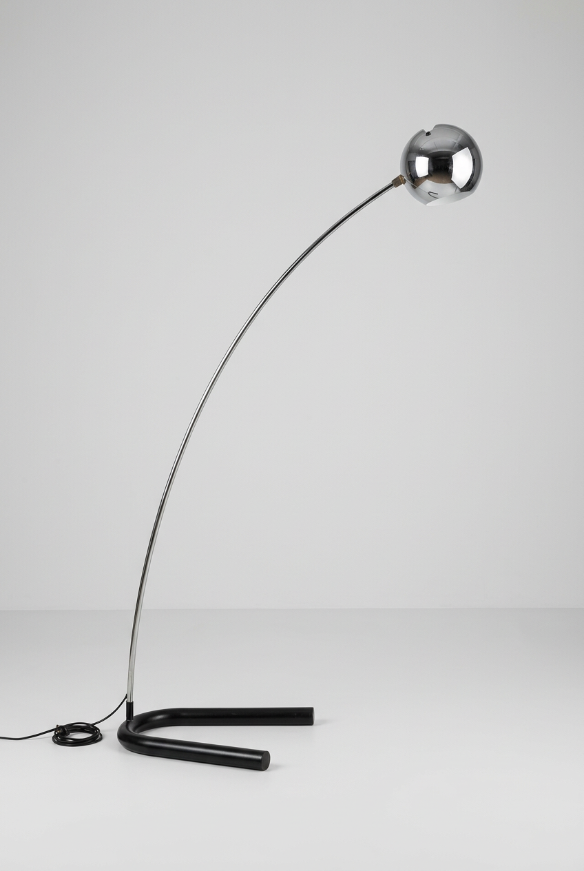 Mid Century Chrome & Steel Arc Eyeball Floor Lamp