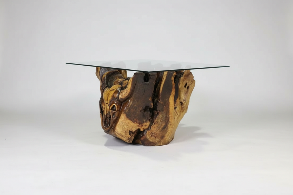 Sosart Carved Driftwood Glass Top Coffee Table