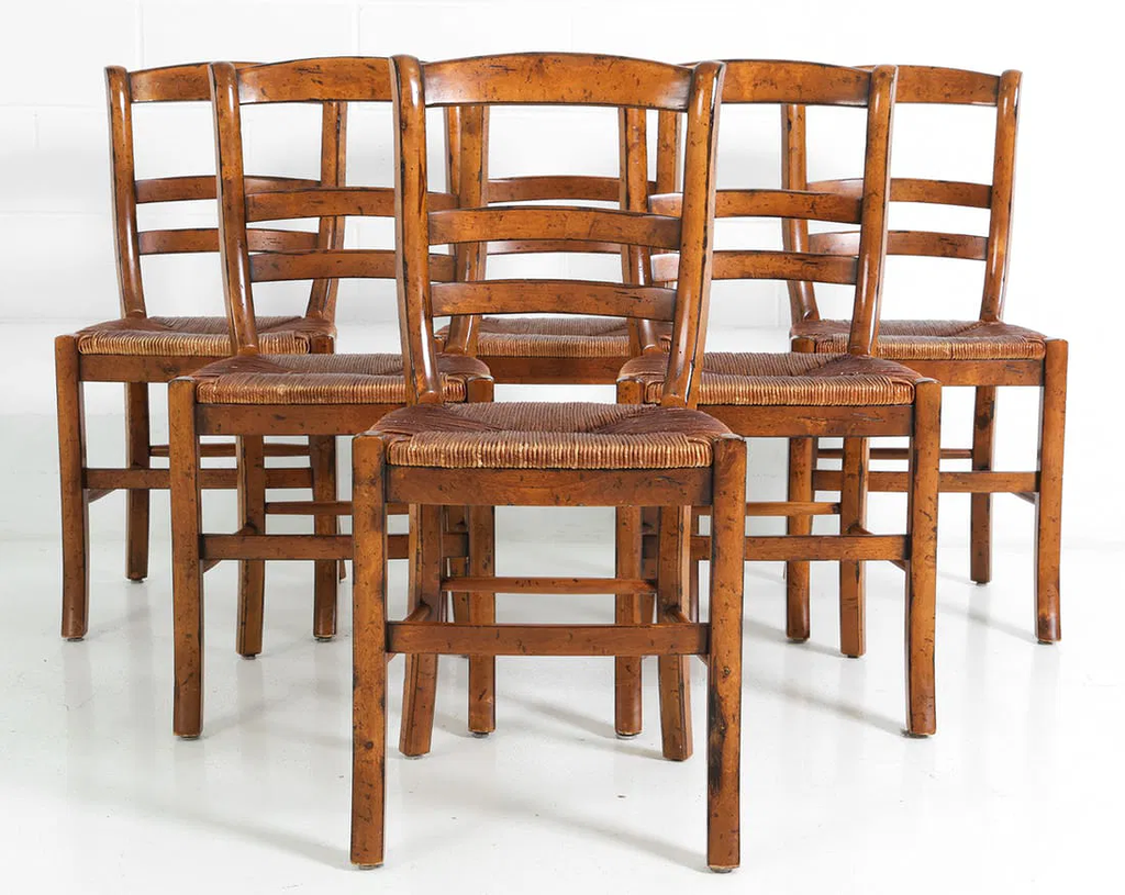 Six (6) Jean Gaestas Vintage French Rush Dining Chairs