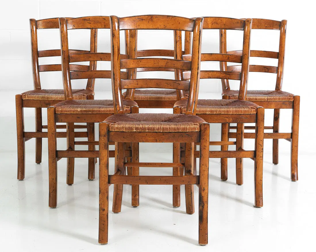 Six (6) Jean Gaestas Vintage French Rush Dining Chairs
