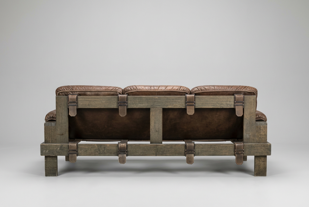 1970s Brutalist Brown Leather & Stained Oak 3-Seater Sofa