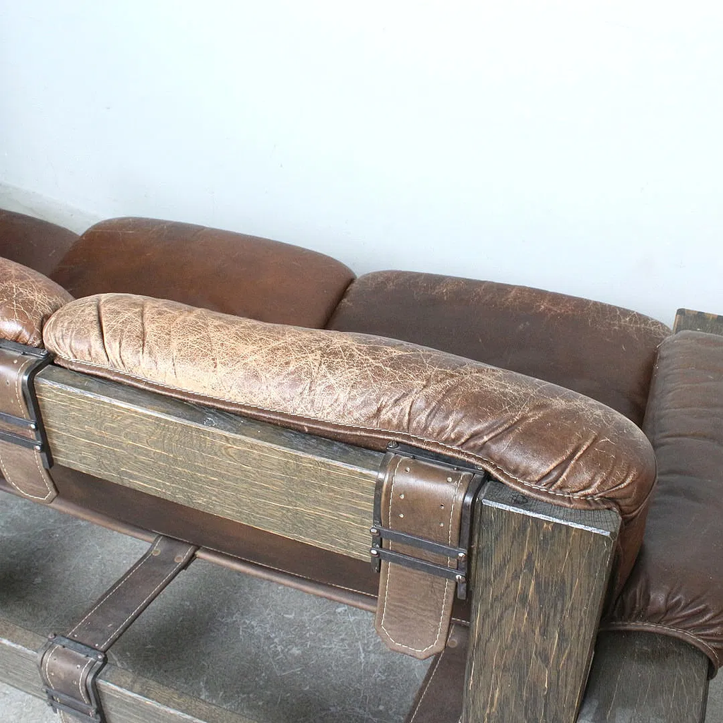1970s Brutalist Brown Leather & Stained Oak 3-Seater Sofa