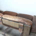 1970s Brutalist Brown Leather & Stained Oak 3-Seater Sofa