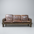 1970s Brutalist Brown Leather & Stained Oak 3-Seater Sofa