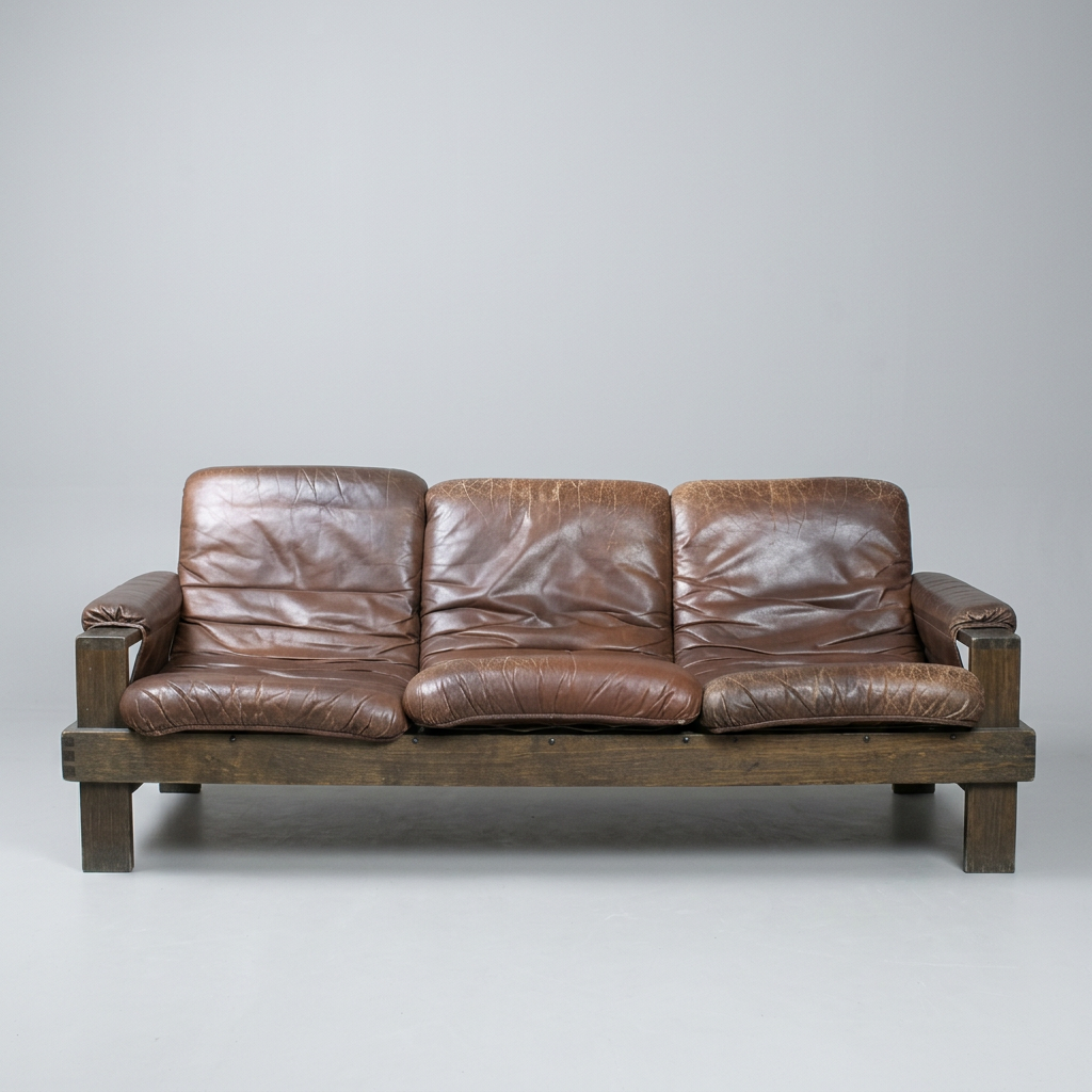 1970s Brutalist Brown Leather & Stained Oak 3-Seater Sofa