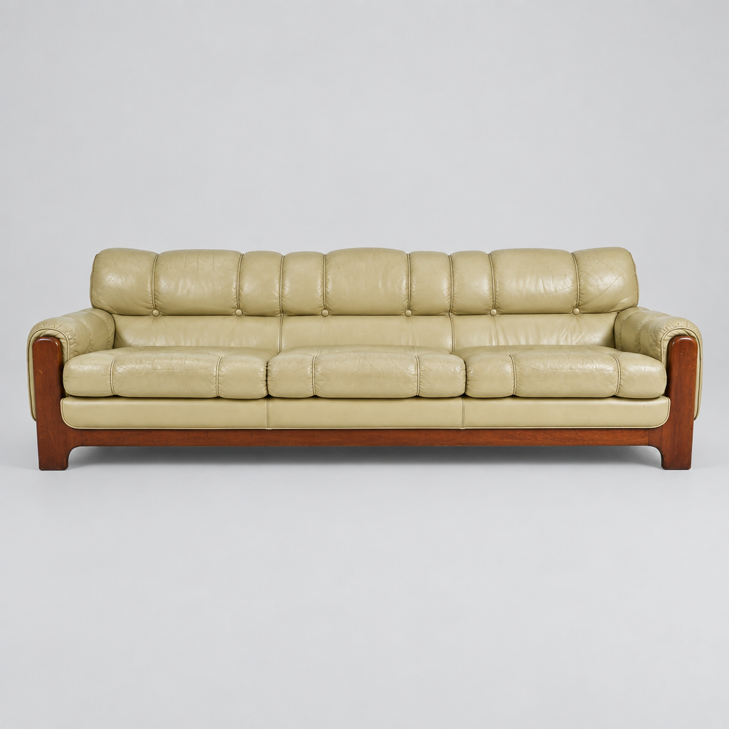 Vintage Ekornes Tufted Cream Leather & Beechwood Sofa