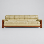 Vintage Ekornes Tufted Cream Leather & Beechwood Sofa
