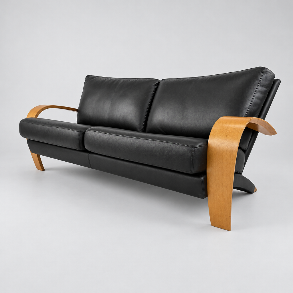 1980s Black Leather & Bent Pine Sofa by Sitting Vision