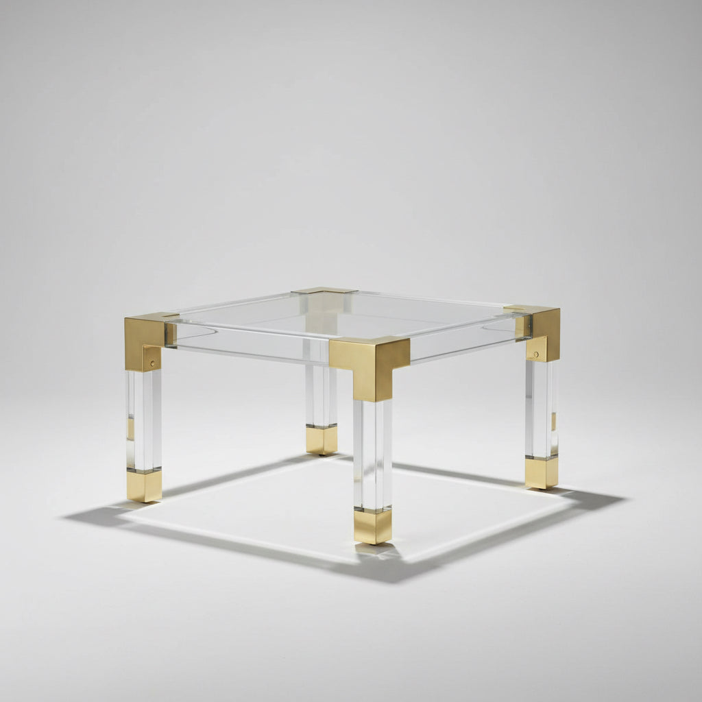 Jonathan Adler Jacques Clear Acrylic Table with Brushed Brass Corners