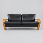 1980s Black Leather & Bent Pine Sofa by Sitting Vision