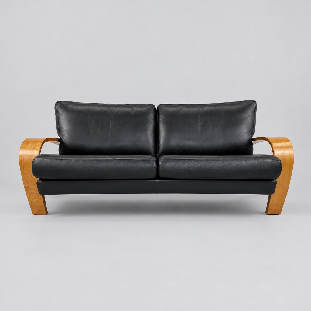 1980s Black Leather & Bent Pine Sofa by Sitting Vision