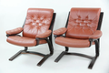 Bentwood & Red Leather Cantilever Lounge Chairs