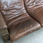 1970s Brutalist Brown Leather & Stained Oak 3-Seater Sofa