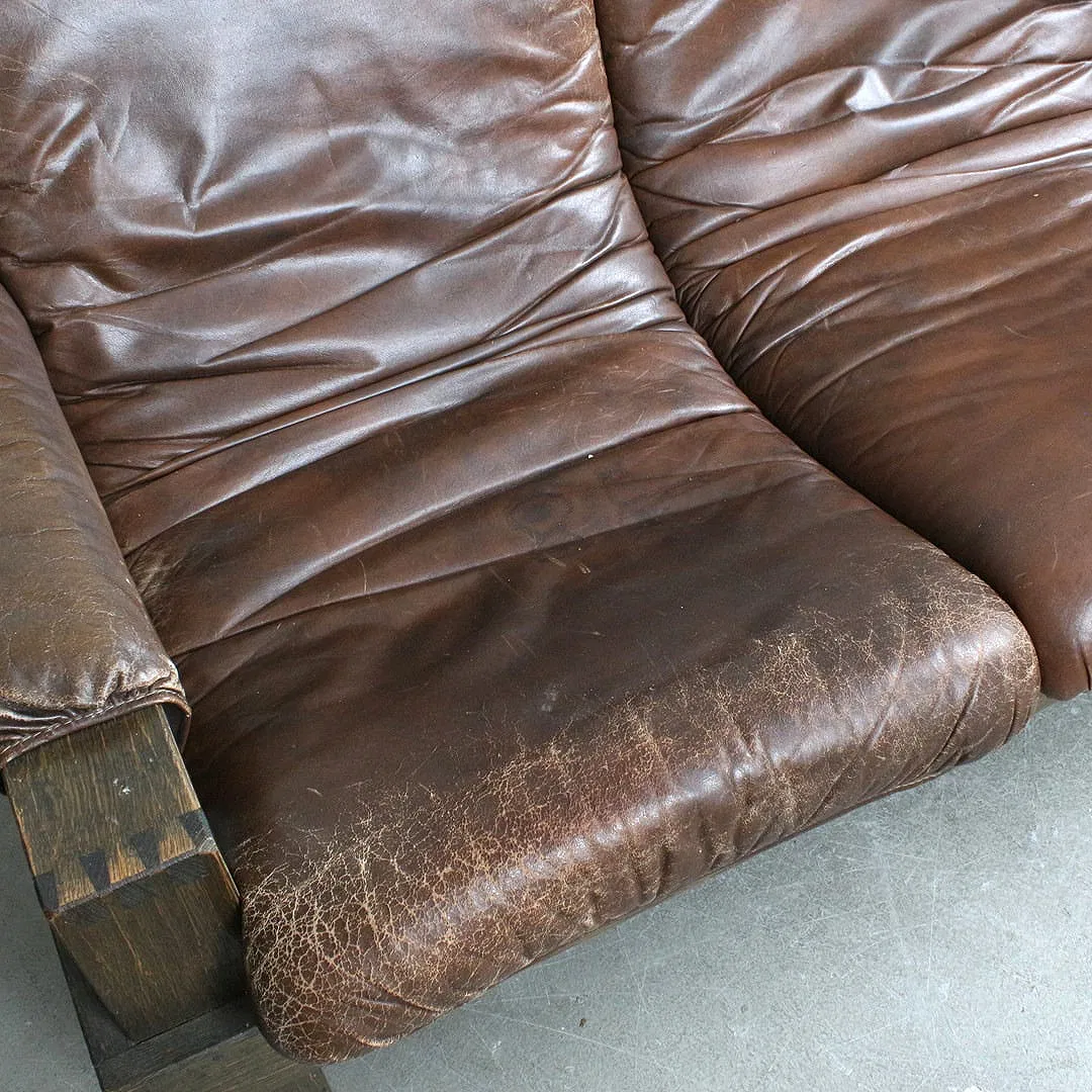 1970s Brutalist Brown Leather & Stained Oak 3-Seater Sofa