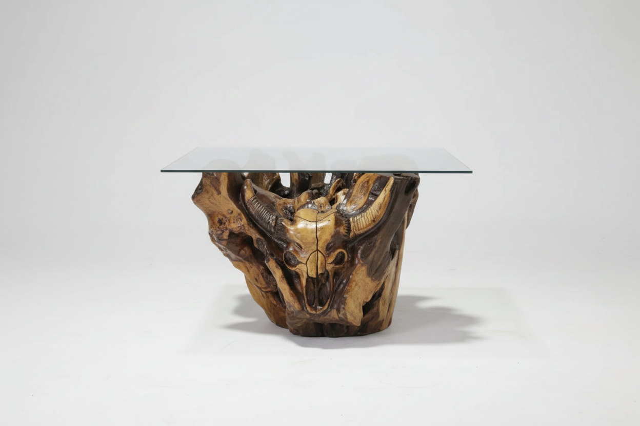 Sosart Carved Driftwood Glass Top Coffee Table