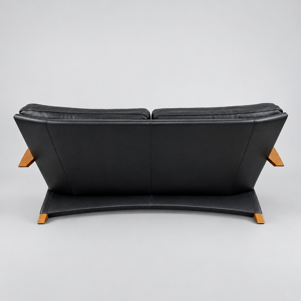1980s Black Leather & Bent Pine Sofa by Sitting Vision