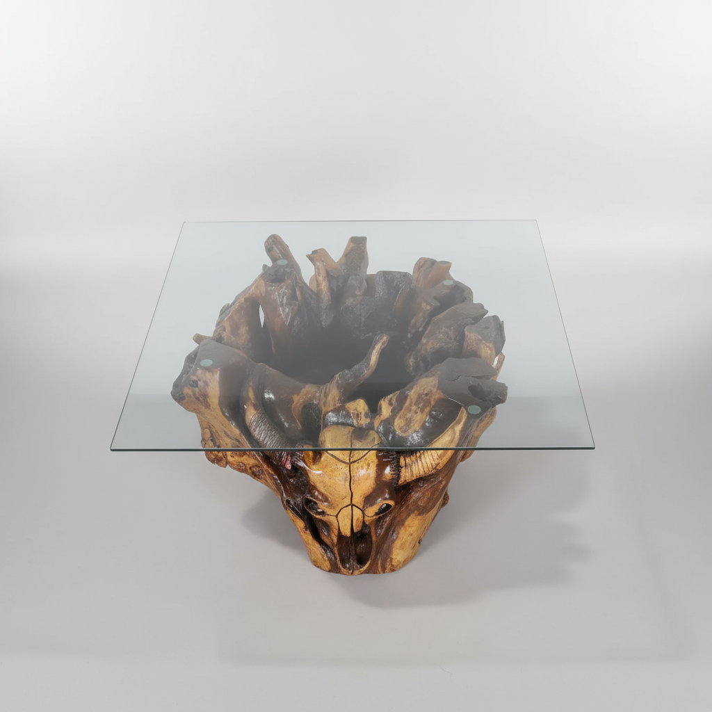 Sosart Carved Driftwood Glass Top Coffee Table