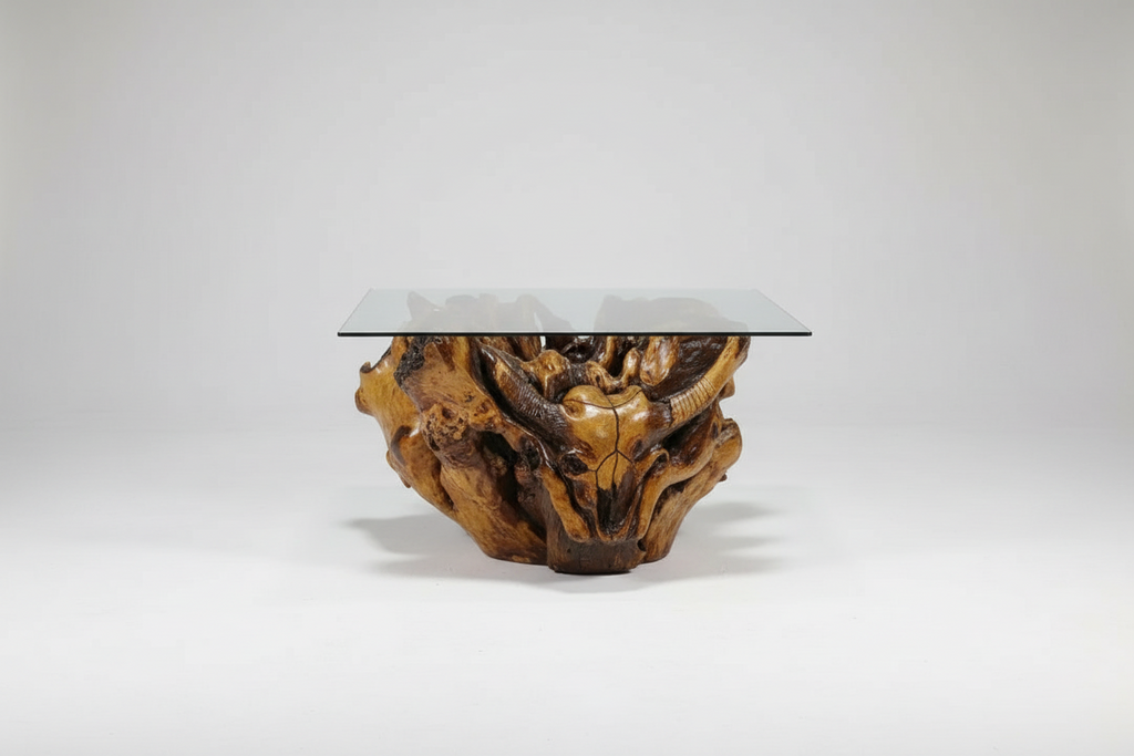 Sosart Carved Driftwood Glass Top Coffee Table