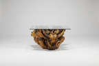 Sosart Carved Driftwood Glass Top Coffee Table
