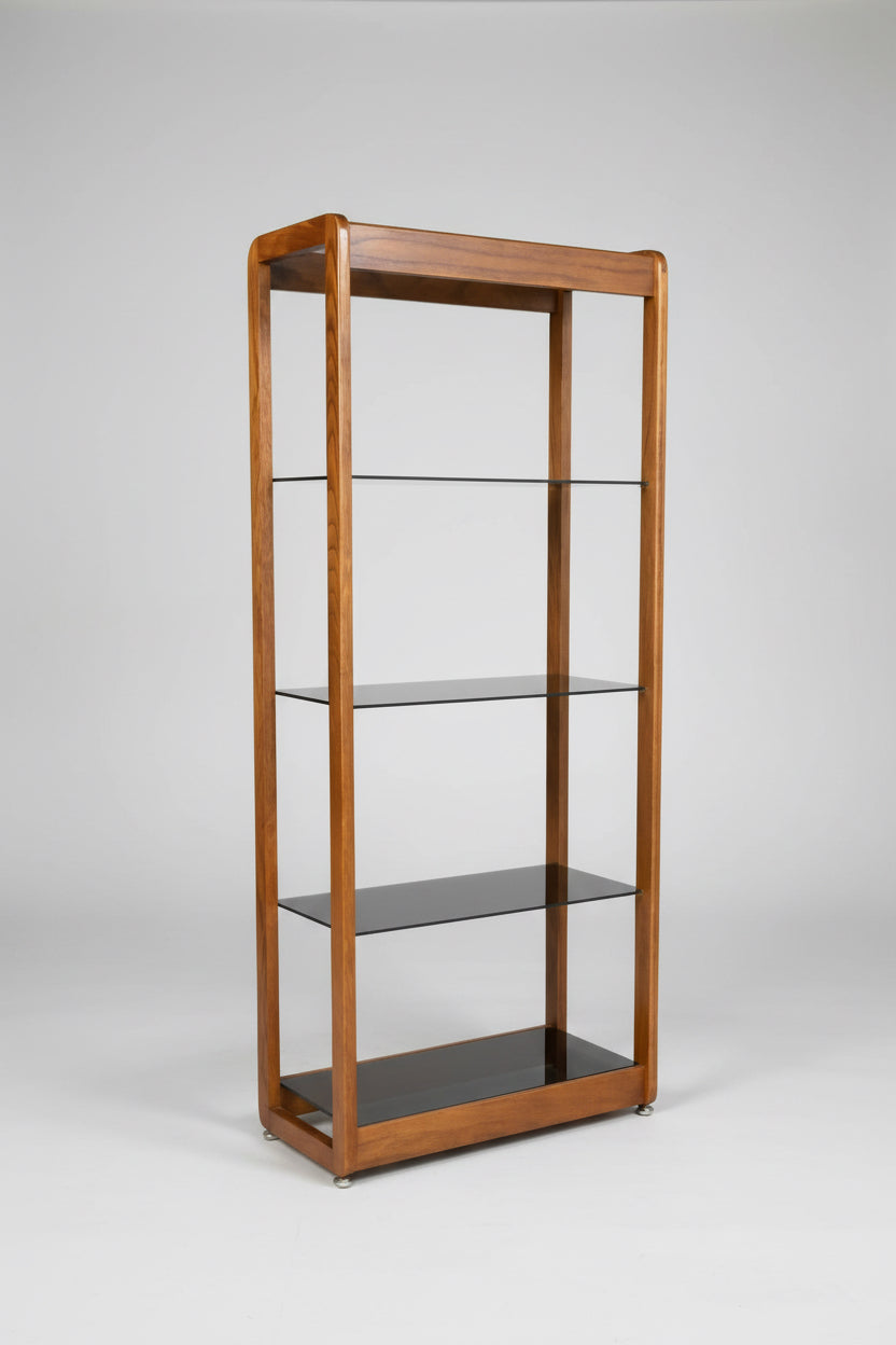 MCM Oak Etagere with smoked glass shelves 24w x 65h x 16d